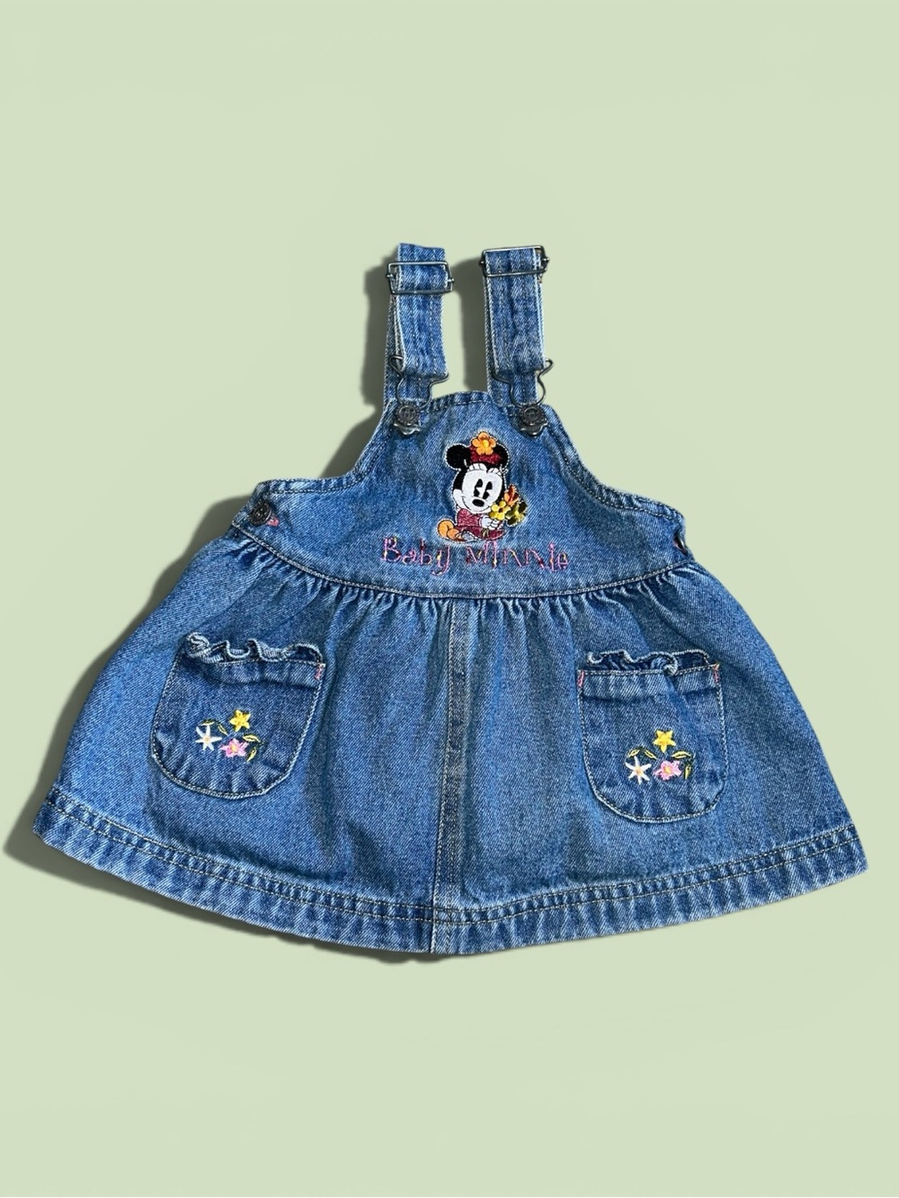 Vintage Disney Baby Minnie Mouse Denim Pinafore Jumper Coveralls Dress Size 12M